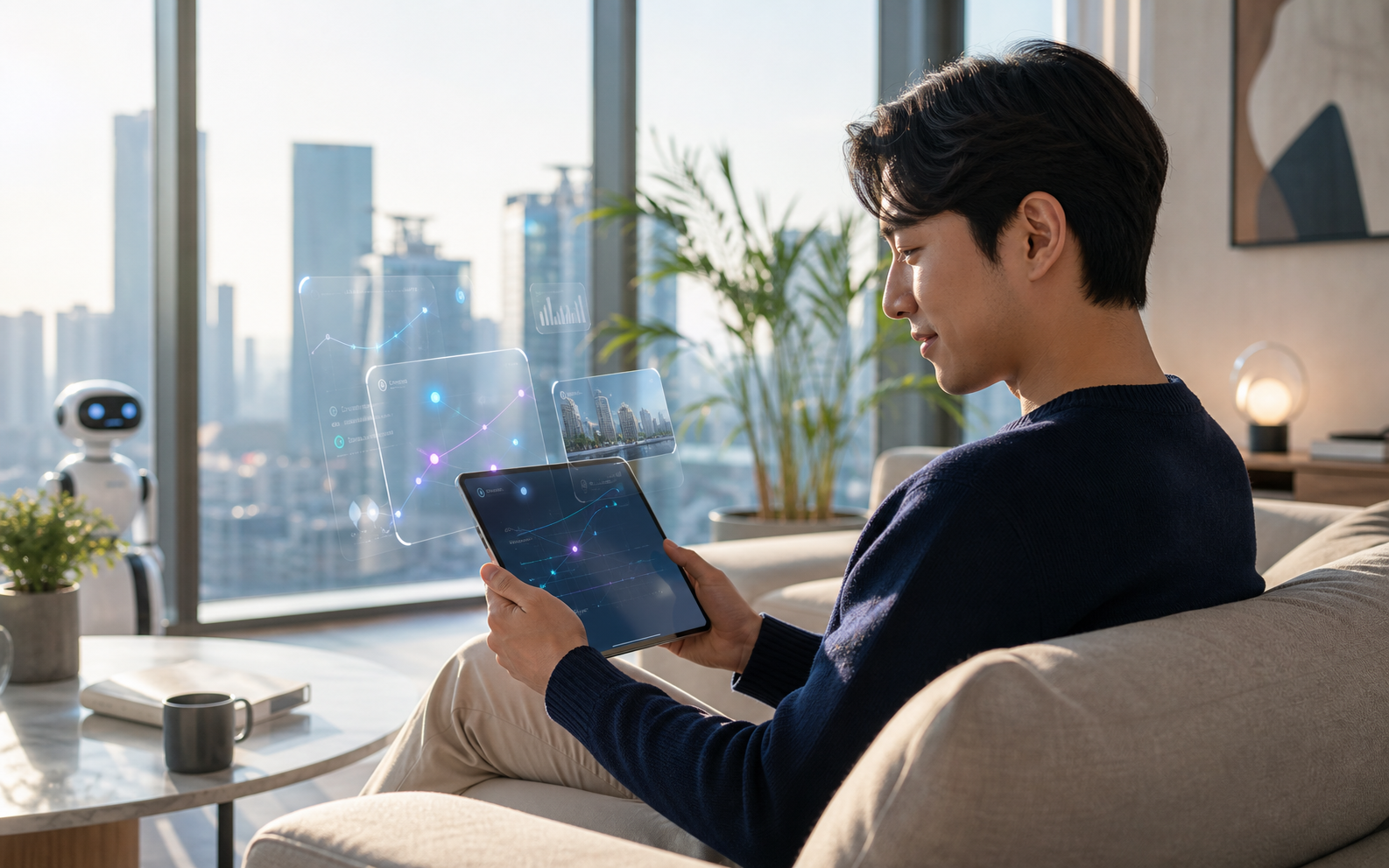 Comfortable lifestyle scene with AI and robotics project dashboard on a tablet